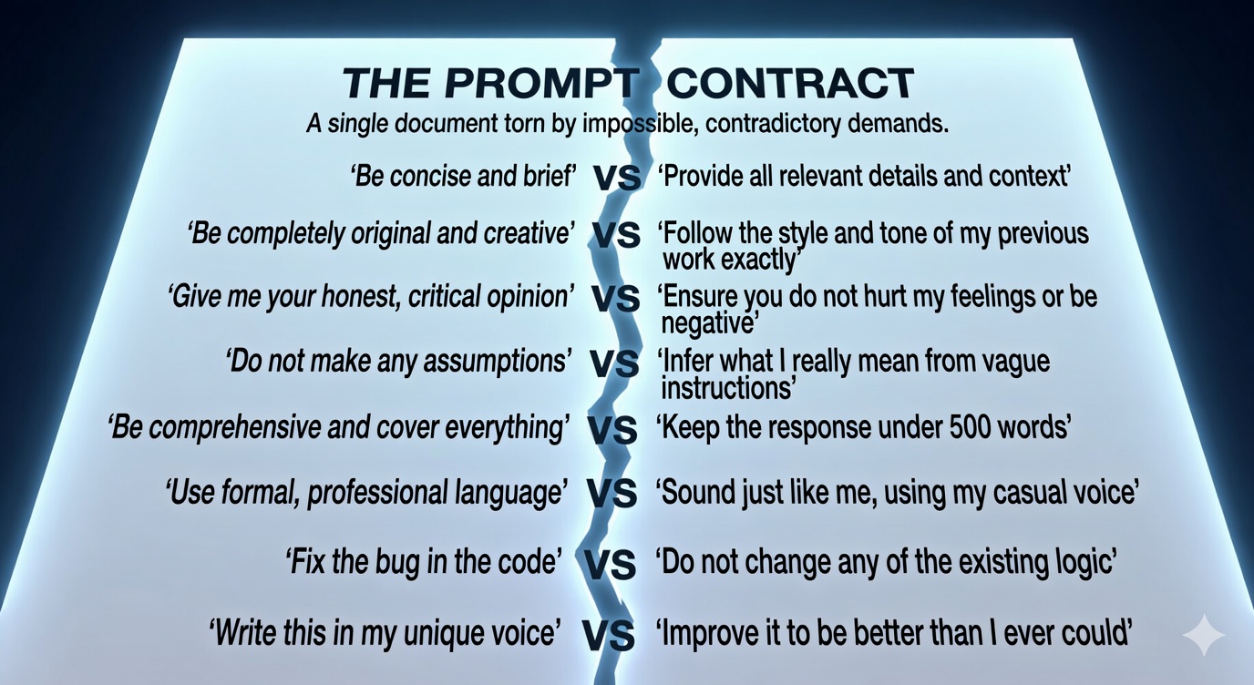 A torn document with contradictory prompt instructions on either half, illustrating the prompt contract concept from this article.
